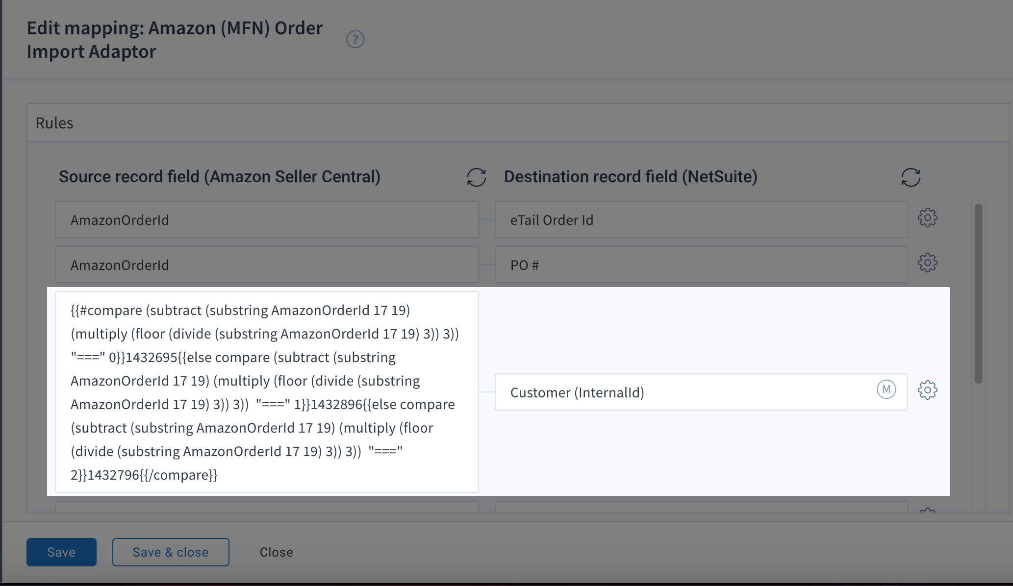 Edit mappings for Customer (InternalId)