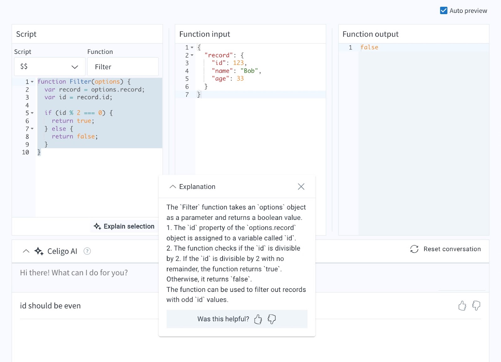 Create or explain javascript using celigo ai component celigo help center