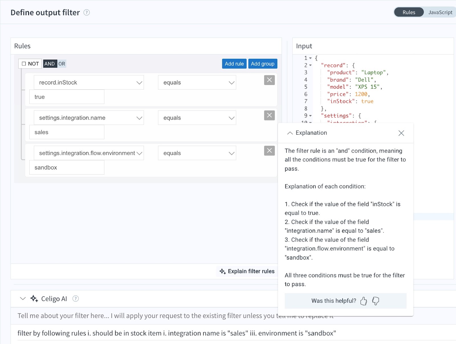 Create or explain filter rules using the Celigo AI component – Celigo ...