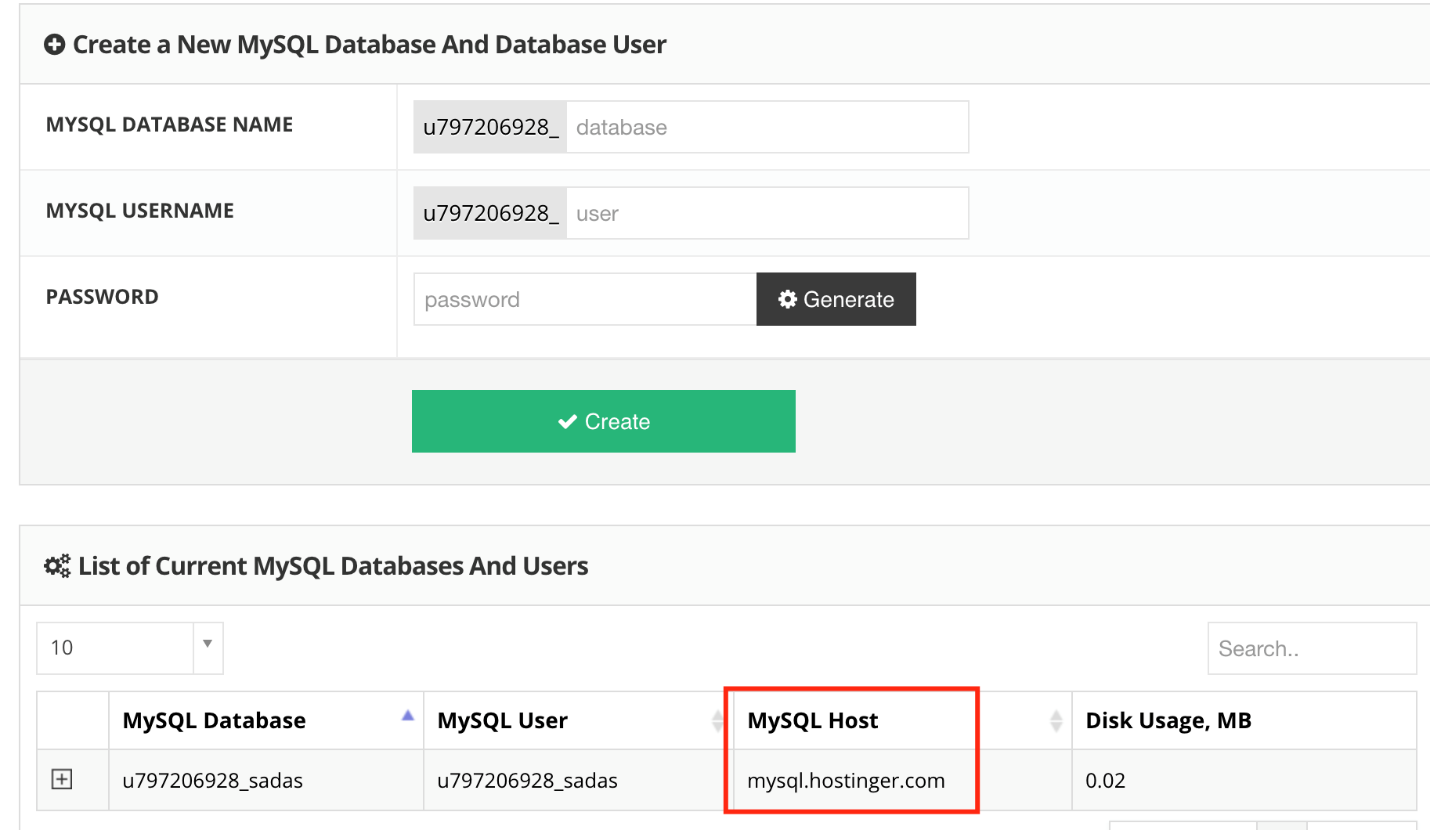 MySQL database details in a hosting control panel