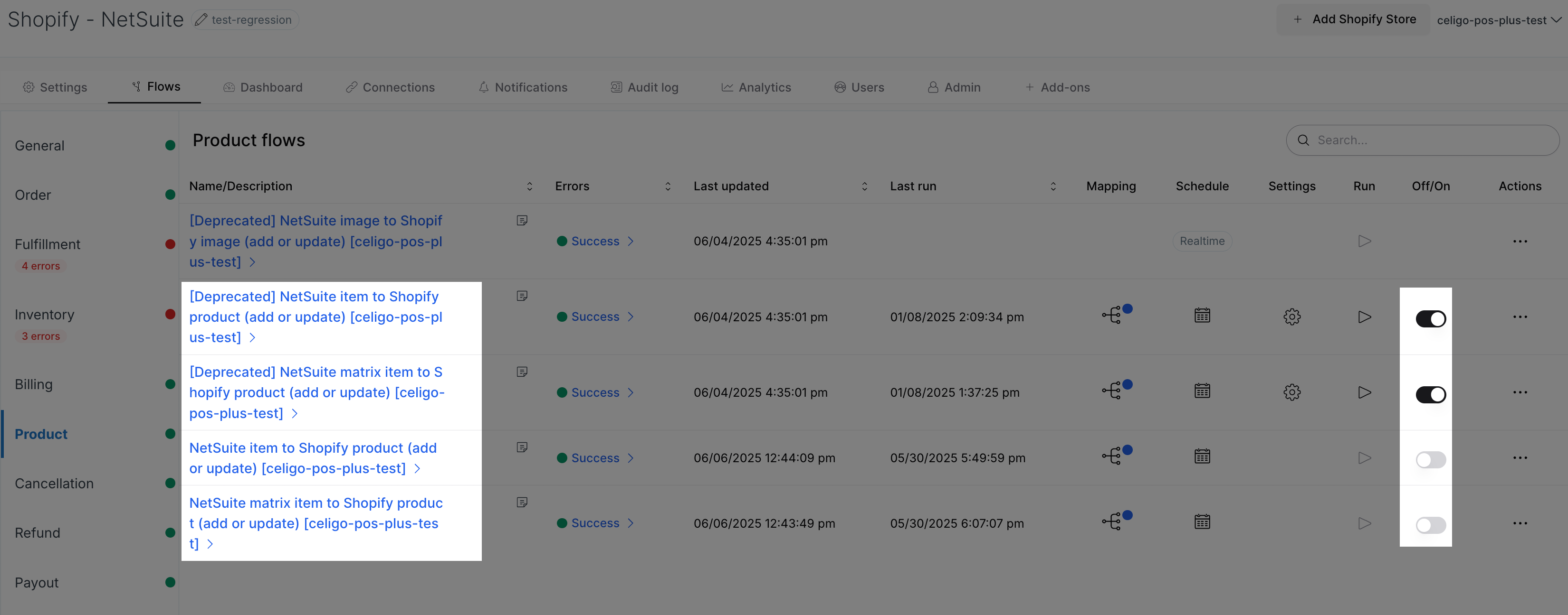 Product flows in the Shopify–NetSuite integration app